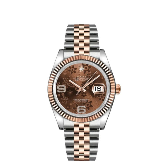 Rolex Datejust 36mm 2 Tone 18k Everose Gold & Stainless Steel Chocolate Floral Motif Diamond Dial Fluted Bezel Jubilee Watch 116231